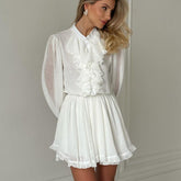 French Elegant Short Design Ruffled StCollar Long Sleeve Elastic Waist A line Dress